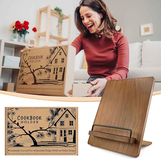 Cookbook Stand Recipe Book Holder: Recipe Cook Book Stand for Kitchen Counter, Wooden Adjustable iPad Tablet Cookbook Stand - Wood Cutting Board Style - Brown