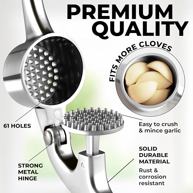 Zulay Kitchen Large Premium Garlic Press Set - Bigger Bowl for Bigger Garlic - Rust Proof Garlic Mincer Tool - Easy-Squeeze, Easy-Clean Silicone Garlic Peeler & Brush (Chrome)