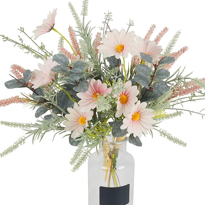 2 Bundles Artificial Wildflowers Fake Daisy Flowers Bouquet Silk Flower with Stems Faux Daisies Eucalyptus Pink Floral Arrangement for Table Centerpieces Home Indoor Summer Decoration