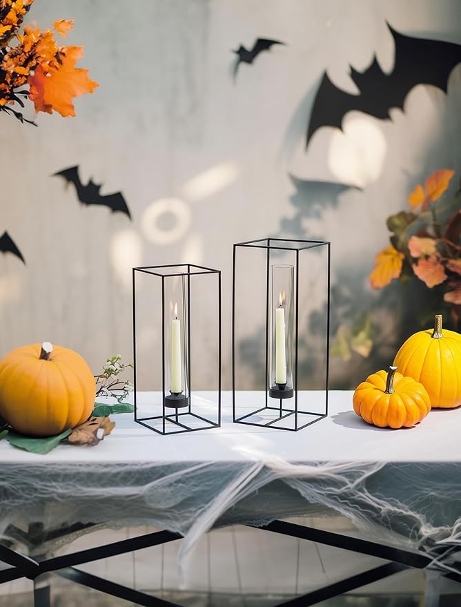 Sziqiqi Hurricane Candlestick Holders Black: Geometric Candle Holder for Taper - Glass Candle Stick Holder for Wedding Minimalist Candleholder Decor for Living Room Outdoor Set of 2