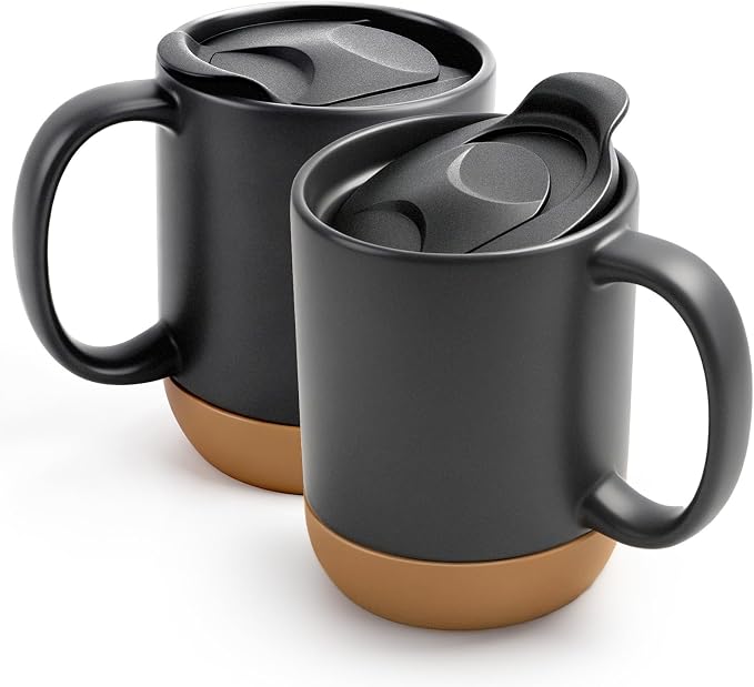 DOWAN Coffee Mugs, 15 oz Mug Set of 2, Large Ceramic Coffee Mug with Silicone Bottom and Spill Proof Lid for Mom Dad, Big Mug for Latte Tea, Matte Grey