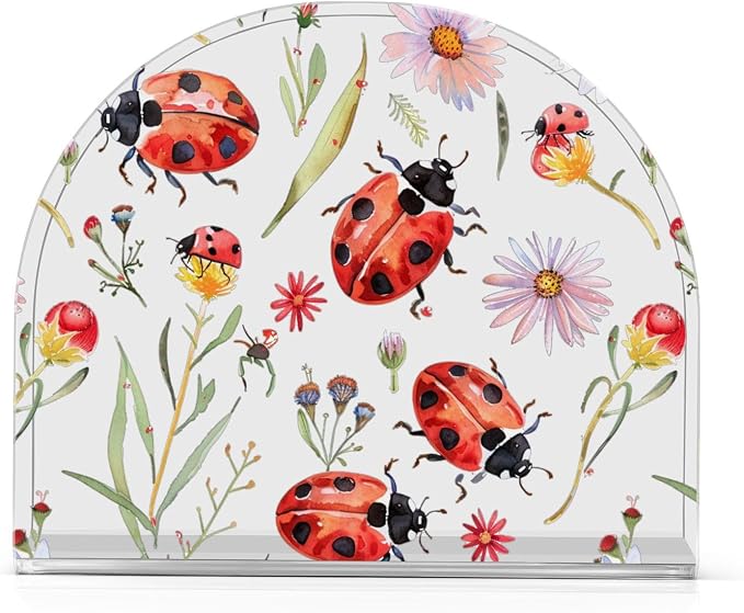 Fustylead Floral Ladybug Napkin Holder for Table Acrylic Vertical Napkin Holders for Paper Napkins Red Ladybugs&Daisies Decorative Napkin Dispenser for Home Party Dining Cocktail Kitchen Accessories