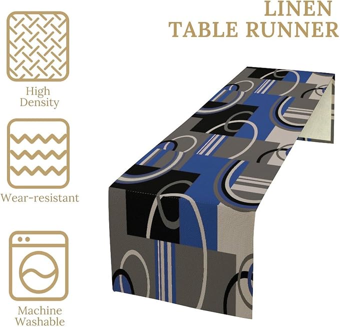 Modern Geometric Table Runner Abstract Blue Black Gray Minimalist Contemporary Geometry Circle Swirls Dinner Runner for Kitchen Dining Holiday Party Decor 13x120in