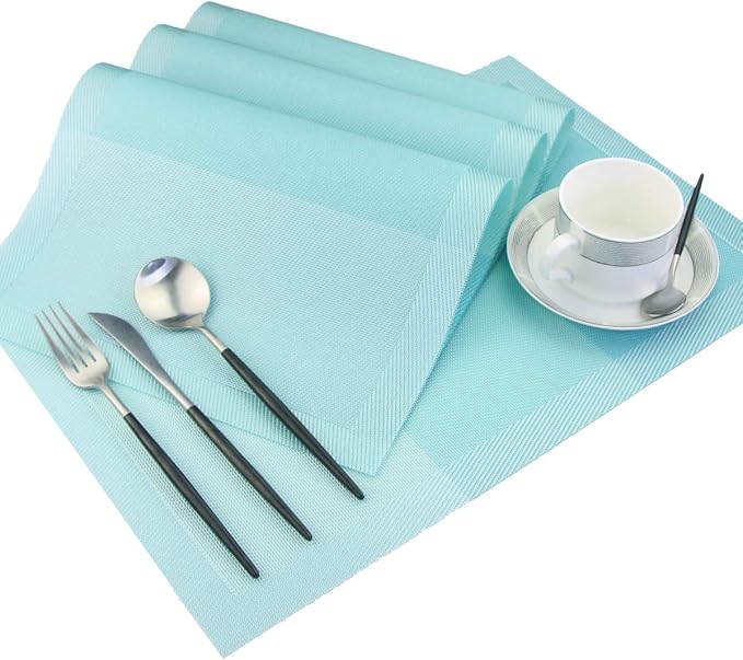 PIGCHCY Placemats Non-Slip Plastic Placemats,Easy to Clean Woven Vinyl Placemats for Dining Table 18x12 Inches Washable Table Mats Set of 6 (Turquoise)