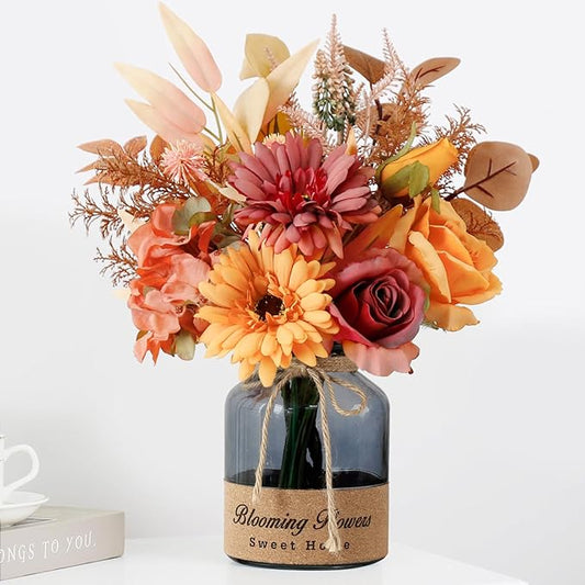 Leftover Fake Fall Flowers in Vase,Artificial Flowers with Vase,Centerpiece Table Decorations,Fall Centerpieces for Tables,Fall Kitchen Decor,Fall Flower Arrangements,Home Decor Living Room