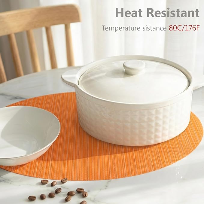 AHHFSMEI Oval Placemats Set of 6 Woven Vinyl Non-Slip Heat Resistant Stain Resistant Easy Clean Place mats for Dining Table(Orange)