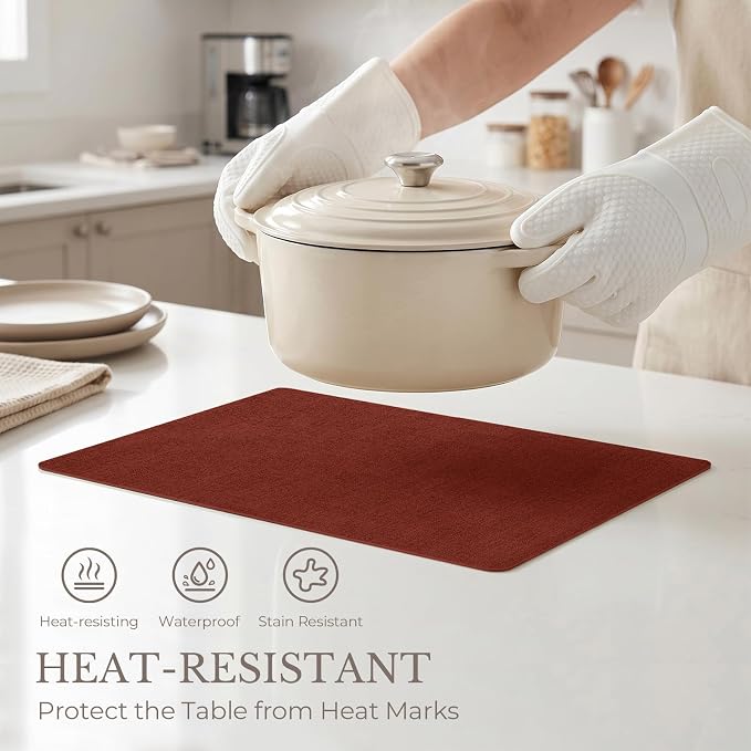 Romanstile Vinyl Placemats Set of 6-12 X 17 Inch - Faux Leather 100% Waterproof Wipeable Anti Slip Place Mats, Heat Resistant Reversible PU Table Mats for Kitchen Dining Party Outdoor, Red