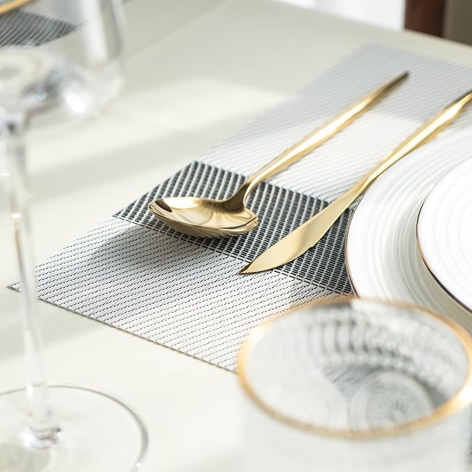 Placemats Set of 12 Vinyl/Plastic Woven Place Mats for Kitchen Table Indoor/Outdoor Washable Placemat Wipeable Dining Table Mats (Silver Cube,12)