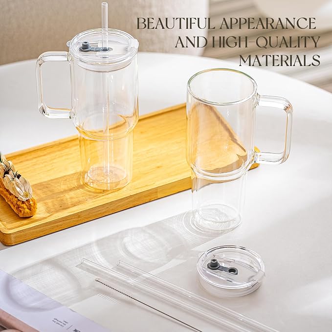 KEMORELA 2 Pack 28oz Double Wall Glass Tumblers with Handle, Lids & Straws – Large Insulated Clear Glass Coffee Cups for Iced Coffee, Matcha, Smoothies, Bubble Tea & Cold Drinks