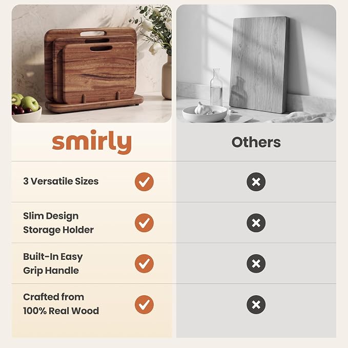 SMIRLY Wooden Cutting Boards for Kitchen, Double-Sided Cutting Board with Handle, Heavy Duty Solid Walnut Wood Cutting Board Set with Stand, 3 Pcs Cutting Boards Non Toxic for Meat Vegetable Fruit