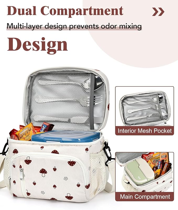 Insulated Lunch Bag for Men & Women, 9L Leakproof Lunch Box Soft Cooler Tote with 5 Pockets, 600D Oxford, EVA Lining, Adjustable Strap for Work, Picnic, Beach&Travel-Corduroy Mushroom