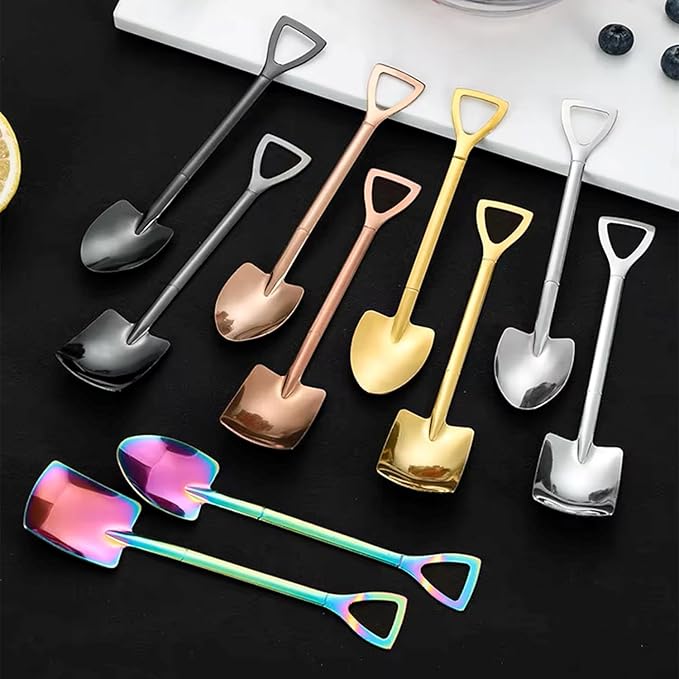 2 Pcs (1 Set) Stainless Steel Shovel Spoons – Reusable Mini Dessert Spoons for Coffee, Tea, Ice Cream, Fruit, Sugar & Cake, Cute Shovel-Shaped Silver Spoons for Kitchen and Party Use (Black)