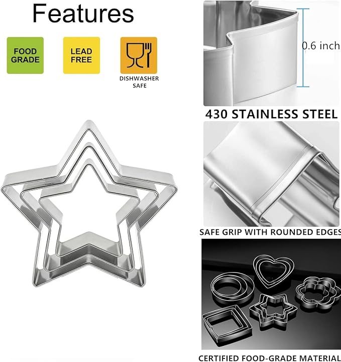 18 Pieces Metal Cookie Cutters, Stainless Steel Molds Flower Square Heart Round Star Shapes for Home Holiday Mother's Day
