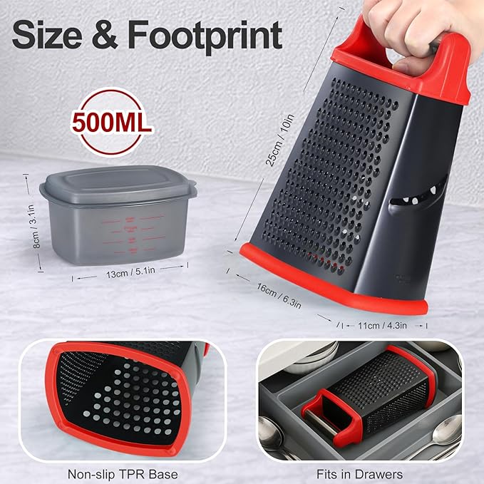 Ourokhome Cheese Grater with Handle, Stainless Steel Box Grater, 4 Side Kitchen Vegetable Shredder Slicer Zester with Container for Parmesan, Cabbage, Ginger, Lemon, Chocolate, Coconut (Red and Black)