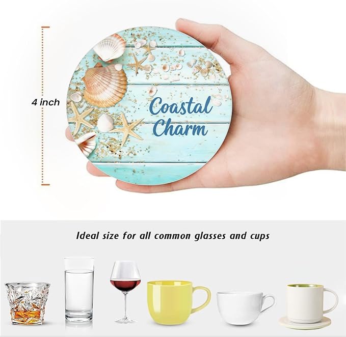 Coastal Charm Light Blue Beach Ceramic Coaster Set of 6 - Coastal Design with Seashells, Starfish & Sand Pattern, Wood Background, Non-Slip Cork Backing, Housewarming Gift