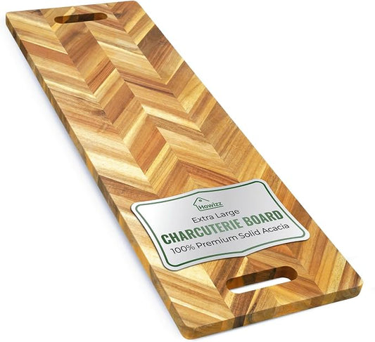 Howizz Solid Acacia Wood 36"x12" Extra Large Charcuterie Board with Handles, Grazing Board Serving Board Herringbone Chevron Serving Tray for Bread, Meat, Appetizers, Kitchen Cutting Board