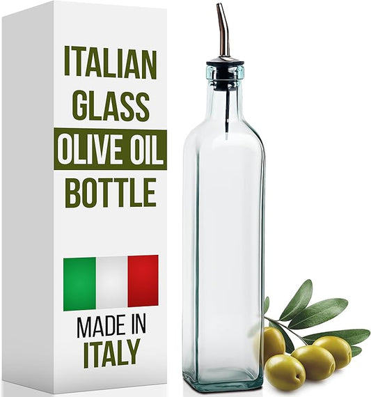 Olive Oil Dispenser Bottle - 16 oz, Made in Italy Glass Olive Oil and Vinegar Cruet with Stainless Steel Spout for Kitchen, Slight Green Tint (2, 473 ml)