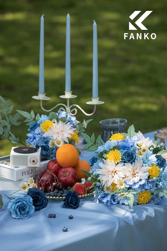 FANKO Artificial Flowers for DIY Bouquet, Blue Faux Rose, Blue White Yellow Fake Flower Rose Dahlia Daisy Hydrangea for Vase, Floral Arrangement, Centerpieces, Wedding Arches, Home Decor, Party Décor