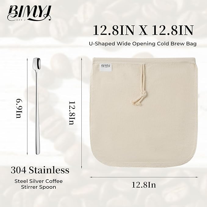Reusable Cold Brew Bags & Cold Brew Coffee Bags Reusable | 12.8 * 12.8 Inch Large 100% Natural Organic Cotton Cold Brew Filter Bags 2-Pack + 2 Bonus 304 Silver Spoons