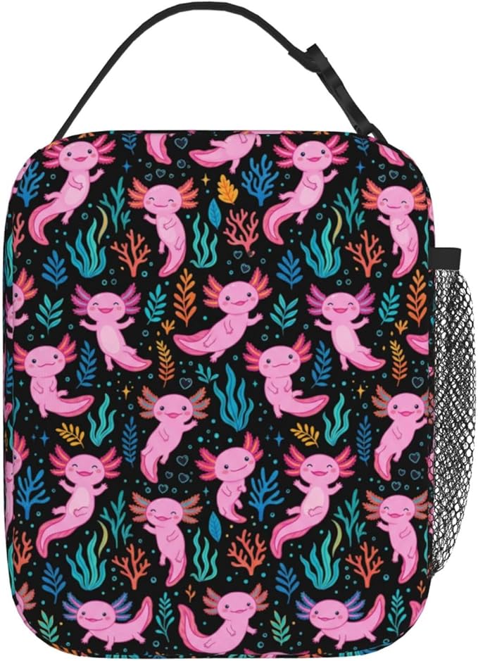 Axolotl Insulated Lunch Box - Leakproof Reusable Cooler Tote with Side Pocket, Thermal Meal Prep Bag with Reinforced Handle for Men Women, Office Work, Picnic, Hiking & Travel