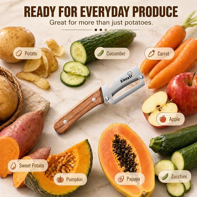 2-in-1 Multifunctional Vegetable Peeler with Bottle Opener, Wide Stainless Steel Blade and Non-Slip Wooden Handle, Kitchen Peeler for Potato, Apple, Pumpkin, Fruit and Vegetables 2pcs