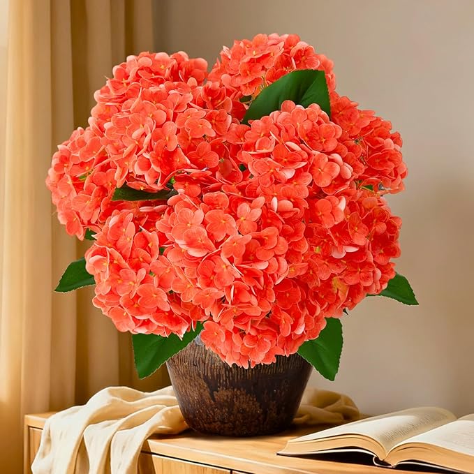 A Bunch 21in, Orange Real Touch Hydrangea Artificial Flowers, with 10pcs Flower Head 20pcs Leaves, Faux Hydrangea Flowers for Home Office Decor Wedding Party Arrangements (2, Orange-red)