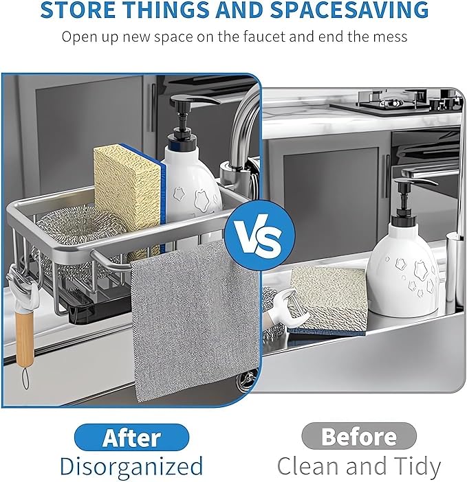 Kitchen Sink Faucet Organizer, Kitchen Sink Organizer Over Faucet, Over Sink Dish Drying Rack, Sponge Holder for Kitchen Sink, for 0.7-1.1 inch Round Water Pipe (Grey, Right Mount)