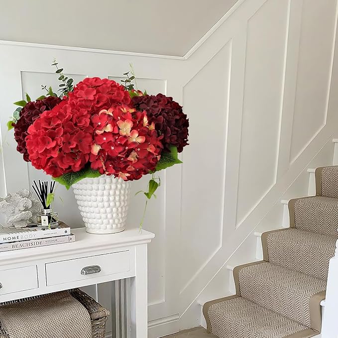 JINWOE 5Pcs Red Silk Hydrangea Artificial Flowers, 20Inch Large Halloween Christmas Lifelike Flowers for Indoor Bouquet Table Centerpieces Floral Arrangements Home Wedding Home