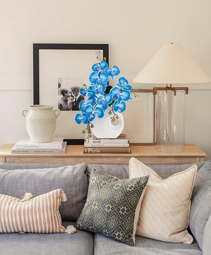 Briful Artificial Orchid Flowers in Modern Ceramic Vase 15.7" Tall Blue Faux Orchid Arrangement Silk Orchid Flower Fake Orchid Centerpiece for Home Office Room Wedding Table Décor