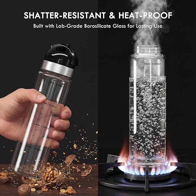Leakproof Olive Oil Dispenser Bottle with No-Drip Spout - Shatterproof Borosilicate Glass with Dust Cover & Wide Mouth - Heat-Resistant 15oz Oil and Vinegar Cruet for Kitchen, Cooking, Salad Dressing