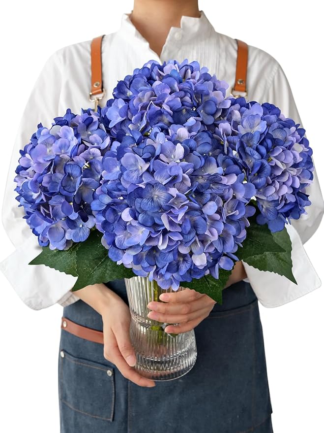 JINWOE Violet Puple Fake Hydrangea Artificial Flowers, 4PCS 21" Large Lifelike Silk Artificial Hydrangeas, Full Fake Flowers for Outdoor Porch Bouquet Wedding Home Indoor Baby Showers