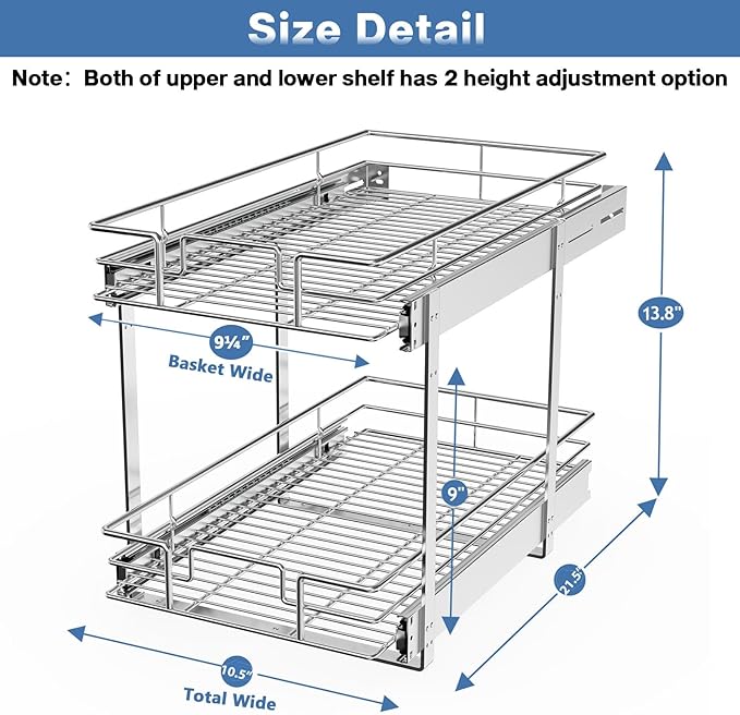 LOVMOR 2 Tier Individual Pull Out Cabinet Organizer 10½" W x 21½" D, Slide Out Kitchen Cabinet Storage Sliding Shelves