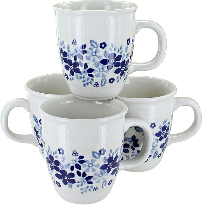 Blue Rose Polish Pottery - Blue Christiana 4 Piece Mug Set - 4 8 oz Mugs - Great Mug Set for Entertaining Guests