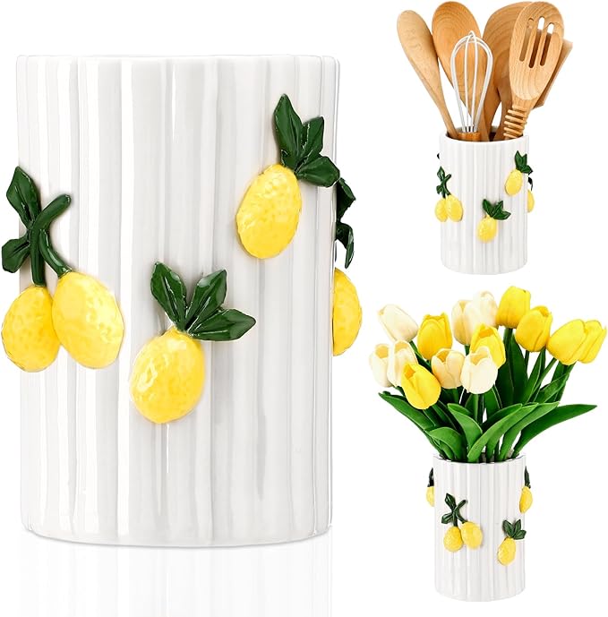 LemonRoad Lemon Kitchen Decor Ceramic Utensil Holder 3D Handmade Lemon Cooking Utensil Crock with Scalloped Edge Design Preppy Storage Caddy Organizer Vase Decor for Christmas Kitchen Countertop Gift
