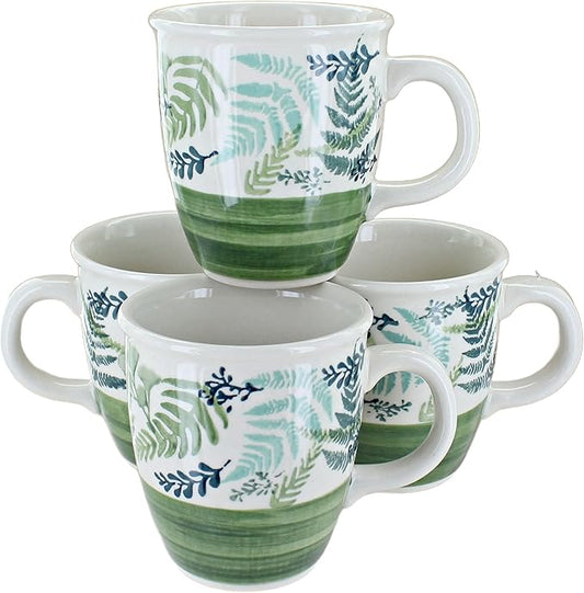 Blue Rose Polish Pottery - Green Floating Fern 4 Piece Mug Set - 4 8 oz Mugs - Great Mug Set for Entertaining Guests