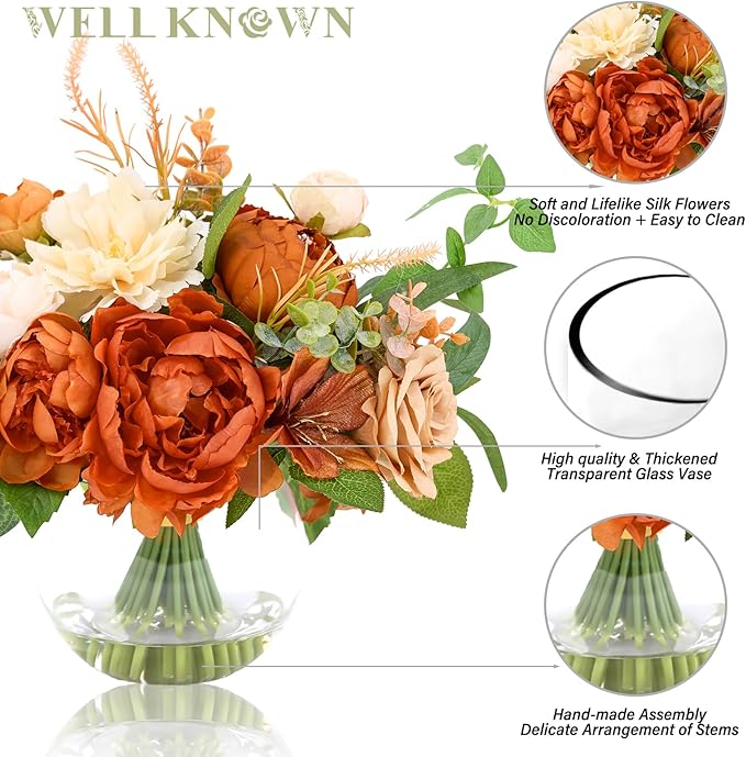Artificial Flowers in Vase, WELL KNOWN Silk Rose Peony Flower Bouquet Table Centerpieces with Faux Water for Fall Home, Fake Flower Arrangement for Seasonal Party Decor (Burnt Orange & Champagne Plus)