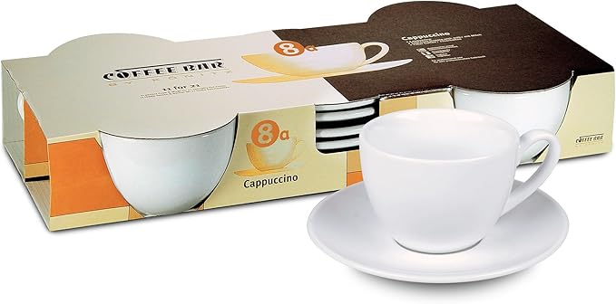 Konitz Coffee Bar Coffee Cups and Saucers, 7-Ounce, White, Set of 4