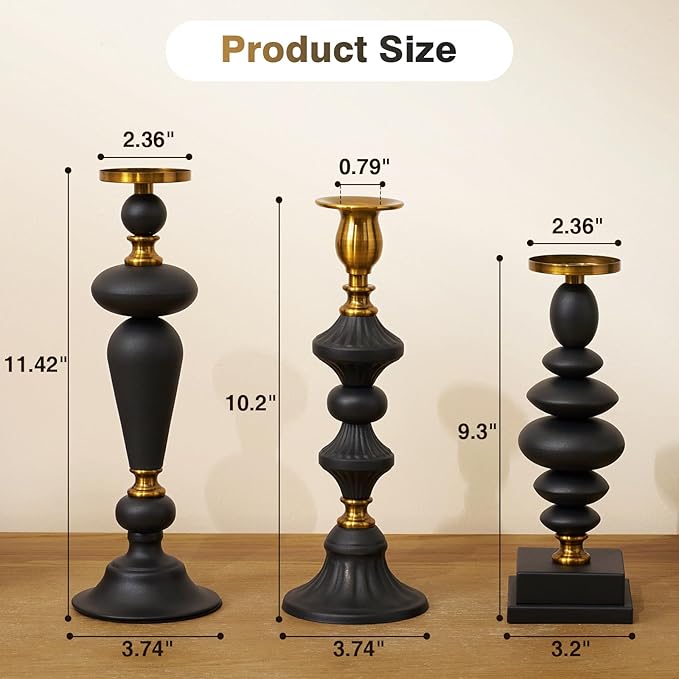 Matte Black Taper Metal Candle Holder for Modern Vintage Luxury Decor, Iron Pillar Candle Sticks Holder for Festive Centerpieces for Table, Dining Room, Party Decor, Housewarming Gift