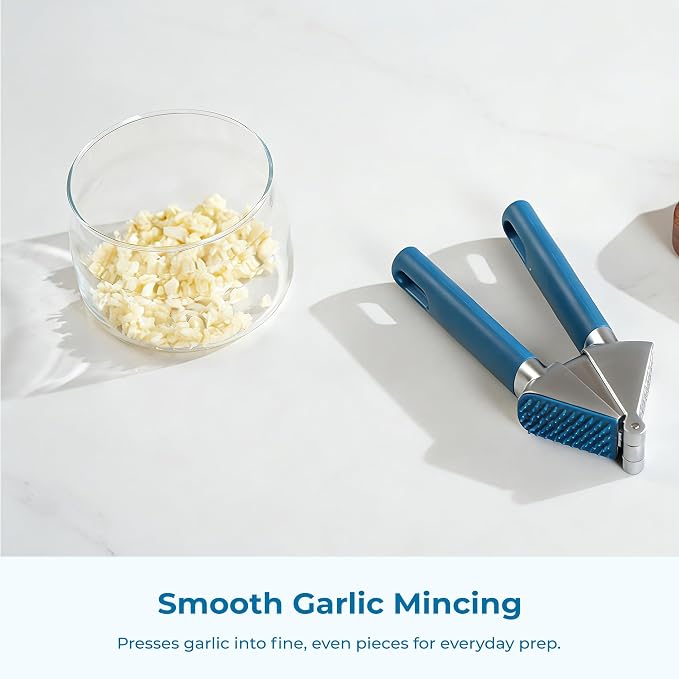 OOU Garlic Press, Stainless Steel Garlic Mincer with Premium Zinc Alloy Construction, Easy-Squeeze Ergonomic TPE Non-Slip Grip Handles, Reverse Cleaning Bumps and Dishwasher Safe Design, Blue