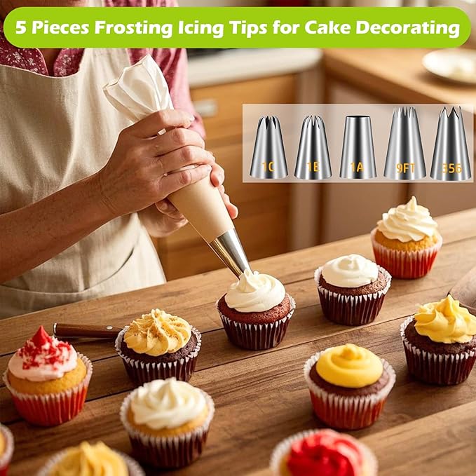 Suuker Large Piping Tips Set, Seamless Stainless Steel Cake Decorating Tips, 5 Pieces Frosting Icing Tips for Cake Decorating, Cupcakes, Cookie (1A 1E 1C 9FT 356)