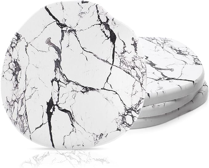 Diatomaceous Earth Coasters Set of 4，Cool Absorbent Quick-Dry Drink Coasters for Desks, Cute Modern Stone Design with Stylish White Aesthetic (4, Marble White)