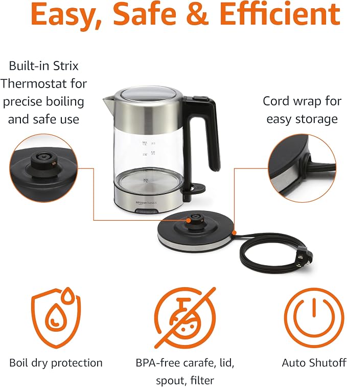 Amazon Basics Electric Kettle with Glass Carafe for Tea and Coffee, Fast Boiling, Auto Shut-Off, Boil-Dry Protection, Temperature Control, Removable Filter, 1 Liter, 1500W, BPA-Free