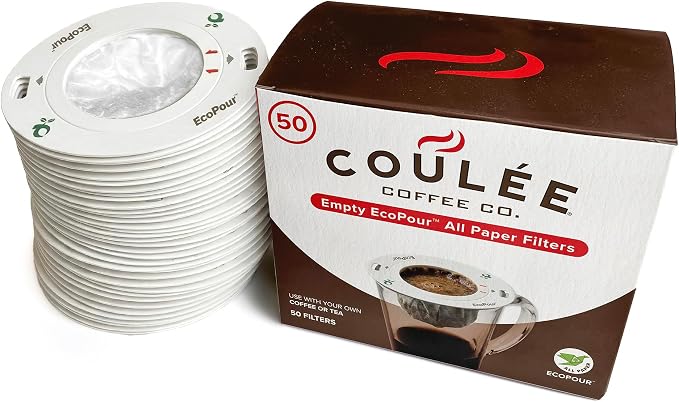 EcoPour Empty Coffee Filters, Compostable All Paper Single-Serve Pour Over Filters for Coffee or Tea, Portable & EcoFriendly, 50 Pack | camping-coffee-and-tea-pots