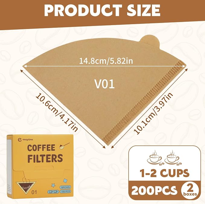 #1 Coffee Filters, 200 Count Cone Coffee Filters #1, Small Unbleached Paper Coffee Filter 1-2 cup for Pour Over and Drip Coffee Maker (2 Boxes, 200 Count Total)