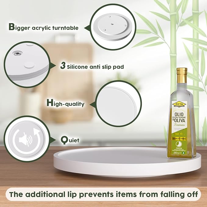 White Lazy Susan for Table, 12 Inch Non-Skid Bamboo Turntable Organizer for Salt Pepper Spices and Olive Oil Next to Stove, Wooden Lazy Susan Organizer for Kitchen Countertop Organizer