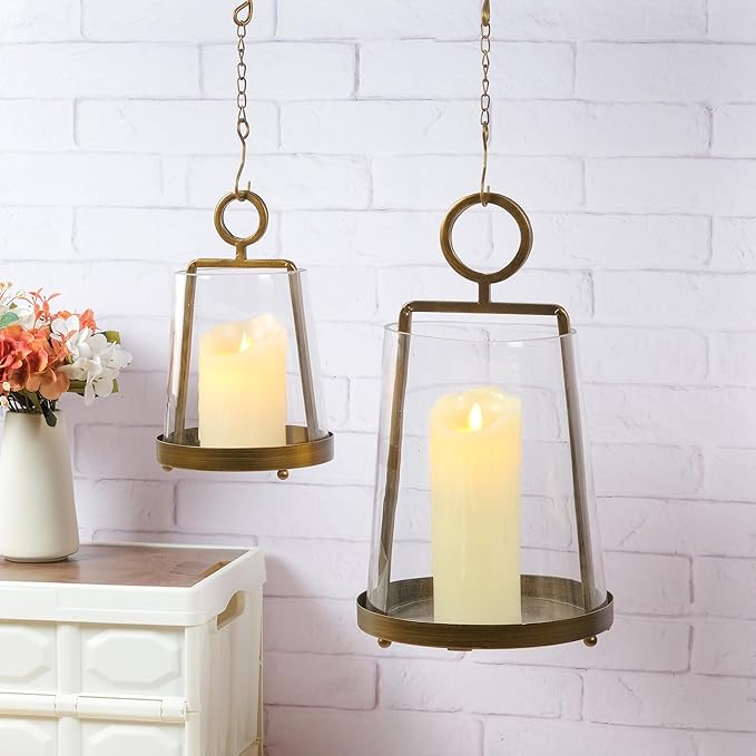 9" & 6" Wide Modern Farmhouse Metal Hurricane Candle Holder with Handmade Sturdy Glass Sleeve in VintageBrass for Pillar Candle & Plants, Glass Hurricane Lantern, Industrial, Minimalistic