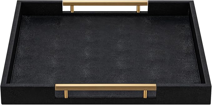 Black Faux Leather Decorative Serving Tray with Handles – Large Square for Coffee Table, Ottoman, Living Room & Bathroom Home Decor