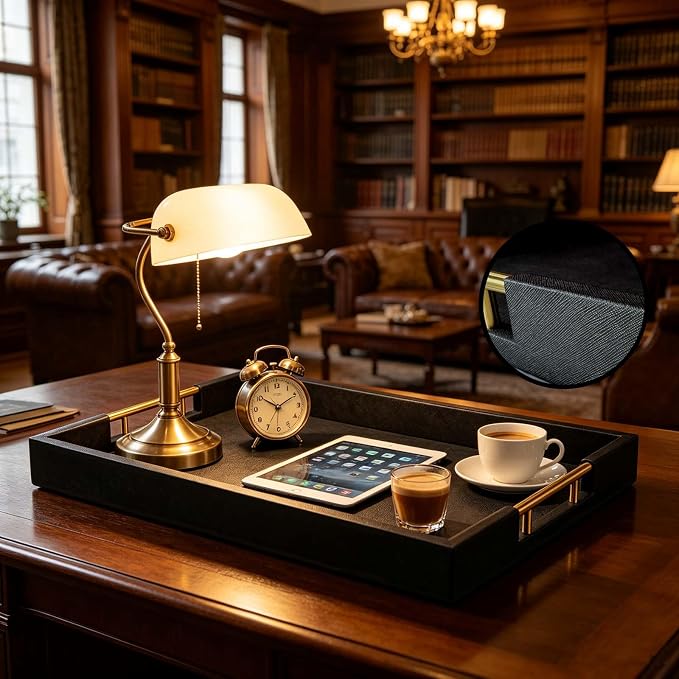16×20 Inches Black Faux Leather Coffee Serving Tray Decorative Ottoman Trays with Gold Metal Handles Decor for Living Room Rectangle Large Bed Breakfast Organizer for All Occasions Multipurpose Using