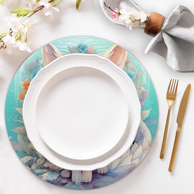 Round Placemats Set of 4, Watercolor Cute Animal Fox Flowers Woven Placemats Mats Non-Slip Heat Resistant Washable Table Mats Round Braided Place for Farmhouse Kitchen Dining Party Decor 15in