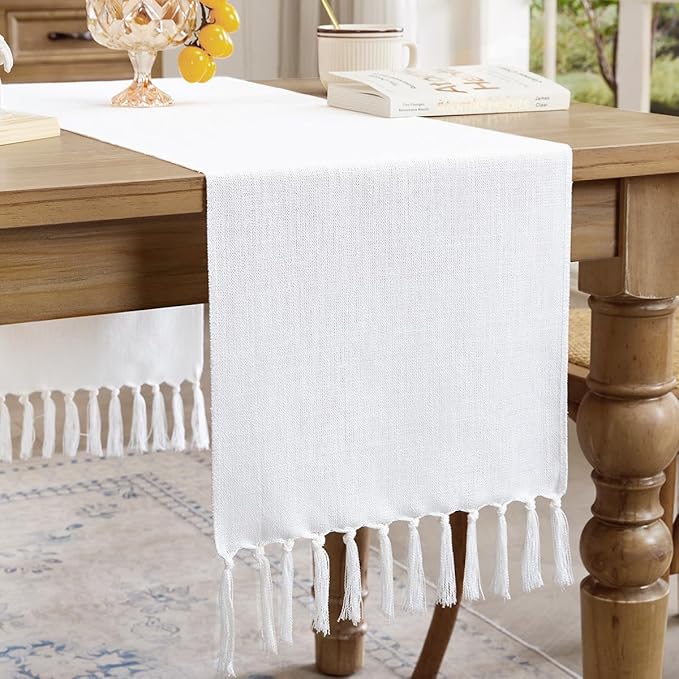 Linen Style Rustic Table Runner, Farmhouse Cotton Linen Table Runner, Boho Table Runners 108 Inches Long with Hand Tassels for Home Tabletop Decor and Everyday Use - White, 108 Inch